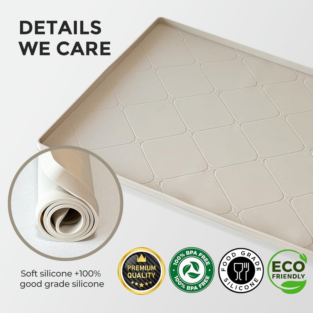 HDFAZHM 34" x 22" Under Sink Liner and Protector for Bottom of Kitchen Sink Beige, Waterproof Under-Sink Organizers Sink Mat Protectors, Flexible Silicone Drip Tray Pet Food Mats