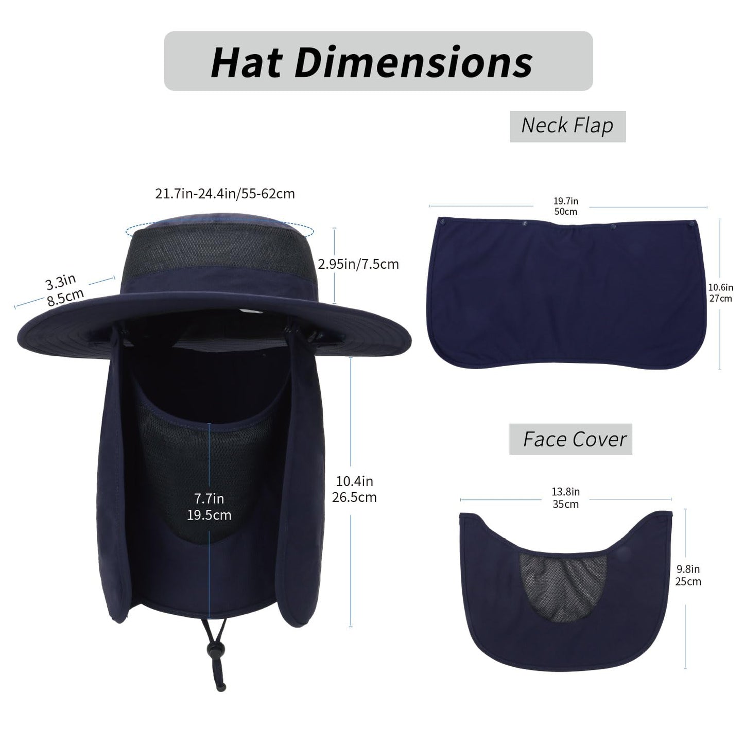Outdoor Sun Hat UPF 50 Protection Waterproof Fishing hat Face Cover Summer Neck Flap Hat Navy Blue