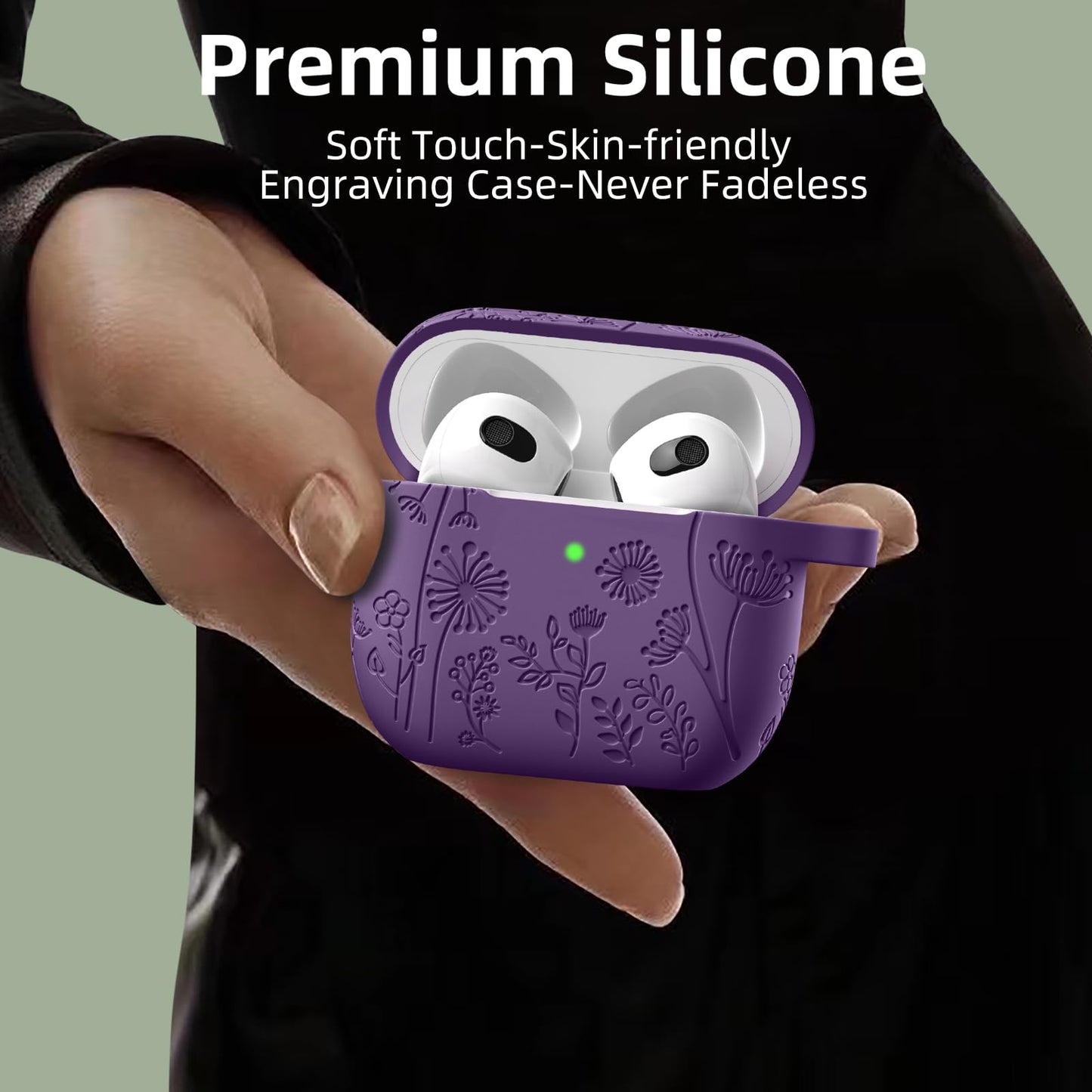 Lerobo for Airpods 4 Case Cover with Cleaner Kit, Stylish Flower Engraved Silicone Shockproof Case Cover with Keychain Compatible with Apple Airpods 4 Case 2024,Front LED Visible, Purple