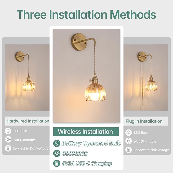 Battery Operated Wall Sconce with Amber Tulip Shade Pattern Glass Adjustable Chain Retro Gold Wall Mounted Light, Modern Wall Decor for Bedside Bedroom Indoor Doorway， Set of 2