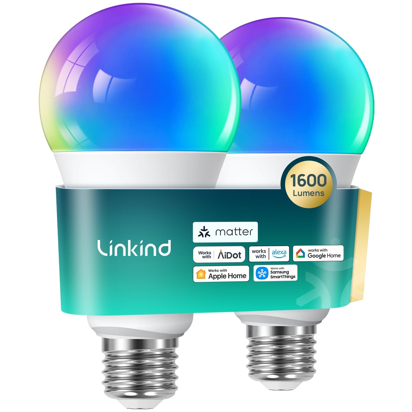 Linkind Matter Smart Light Bulb, WiFi Smart Bulbs, Work with Apple Home, Siri, Alexa, Google, SmartThings, RGBTW Color Changing Bulbs Mood Lighting, Music Sync, A19 E26 60W, 2.4Ghz WiFi 6 Pack