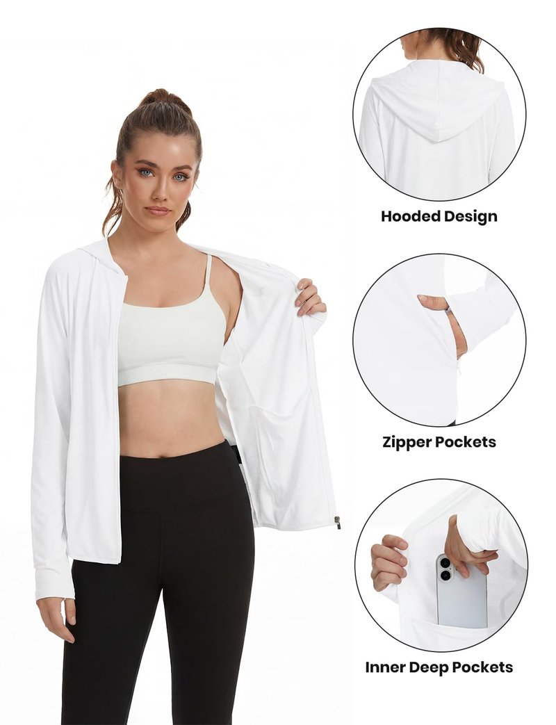 DEHORU Women UPF 50+ Sun Protection Hoodie Jacket Lightweight Zip Up Long Sleeve Shirts Hiking Outdoor with Pocket (WT M)