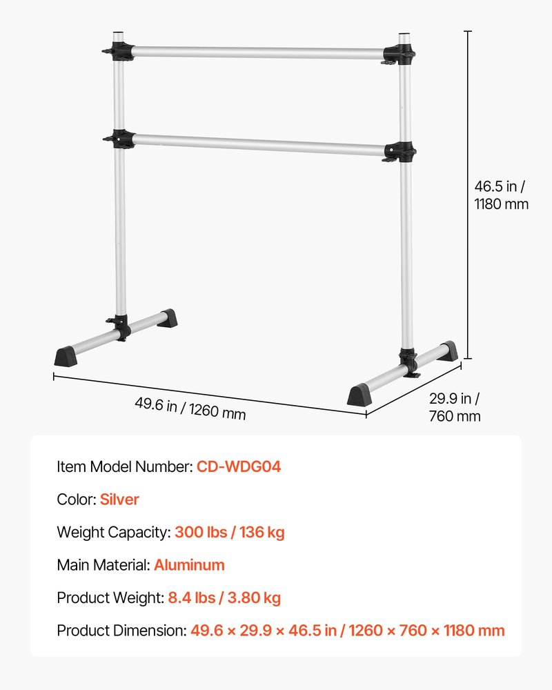VEVOR Ballet Barre, 4 Ft Aluminum Double Barre Bar for Home, Freestanding Portable Ballet Stretching Dance Bars, Height Adjustable Anti-Wobble Fitness Studio Equipment, for Pilates Balance Workout