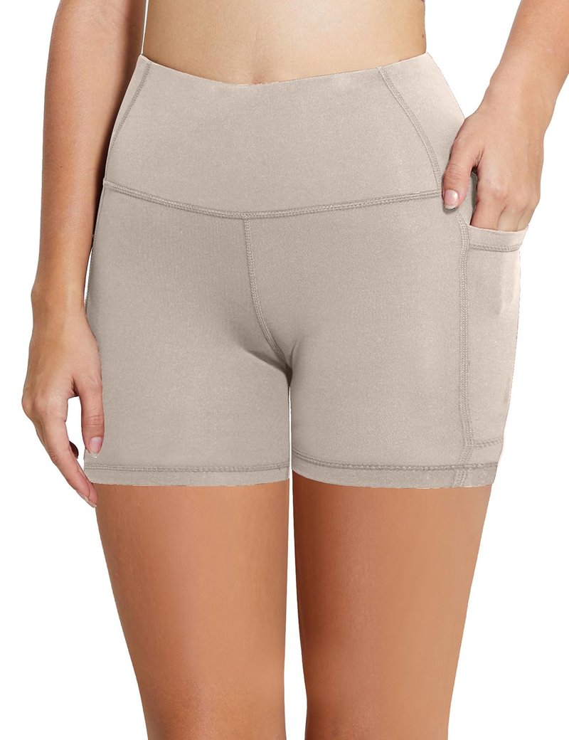 baleaf Workout Shorts Women 5" Biker Yoga Gym Spandex Running Volleyball Compression Short with Pockets Khaki XXL