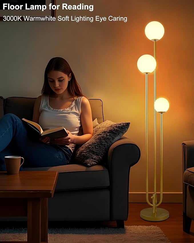 Lightdot 63IN Gold Floor Lamp Dimmable 3-Lights Globe LED Floor Lamps with 3000K Soft Warm White for Wedding/Party Candle Holder Style Tall Lamp for Living Room/Bedroom