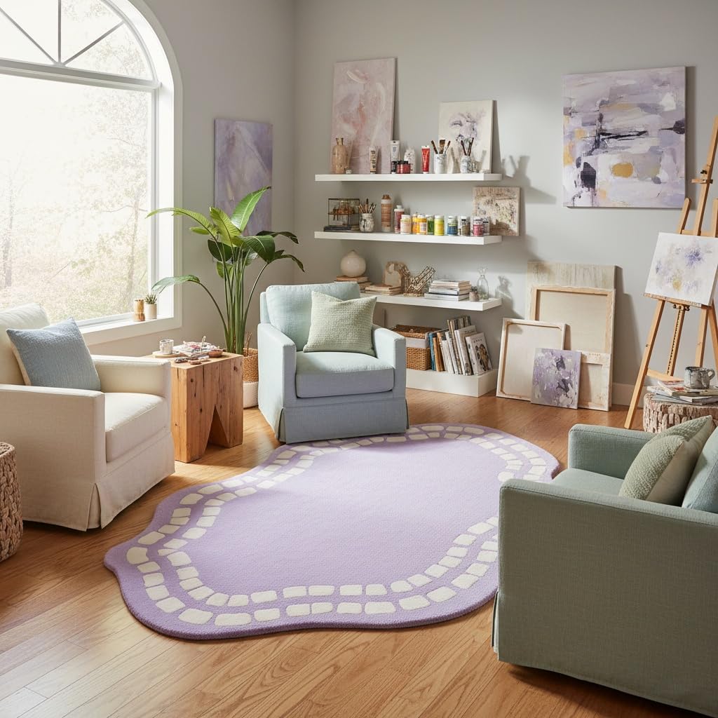 Irregular Shaped Rug 3x5 Minimalist Washable Non-Slip Area Rugs for Living Room Dining Room Bedroom Ultra Soft Faux Wool Nursery Playroom Carpet Lavender Purple Irregular Wavy Edge Throw Mat