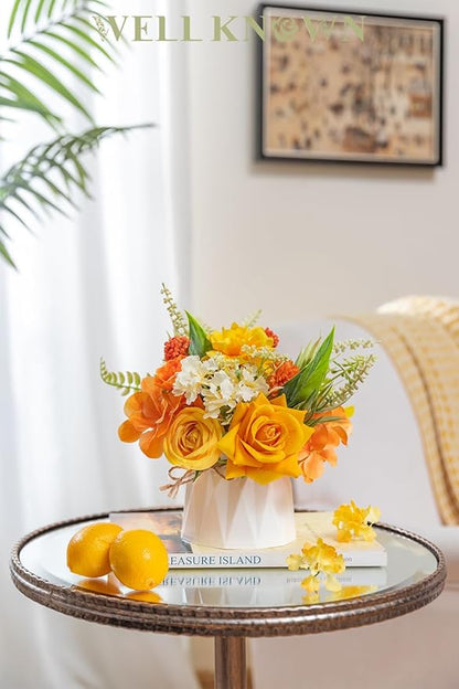 WELL KNOWN Small Fake Flowers in Plastic Vase 7" Centerpieces Coffee Table Decor, Silk Flower Arrangements for Home Decor Indoor Artificial Flower Bouquet for Dining Room Kitchen Wedding Yellow Orange