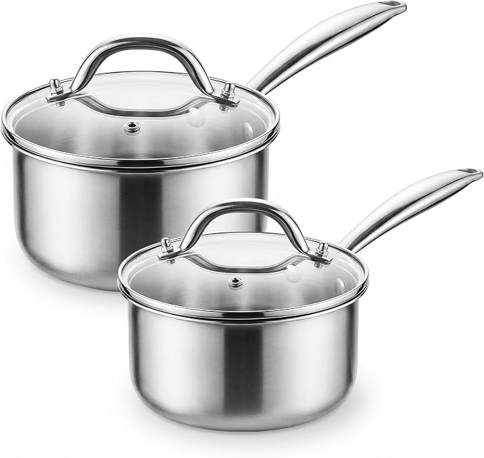 Tri-ply Stainless Steel Pot - 1.5 Qt & 2.5 Qt Heavy Duty Sauce Pan with Lid, Nonstick Stainless Steel Cookware Set Cooking Pot, Multipurpose Saucepan with Stay Cool Handle