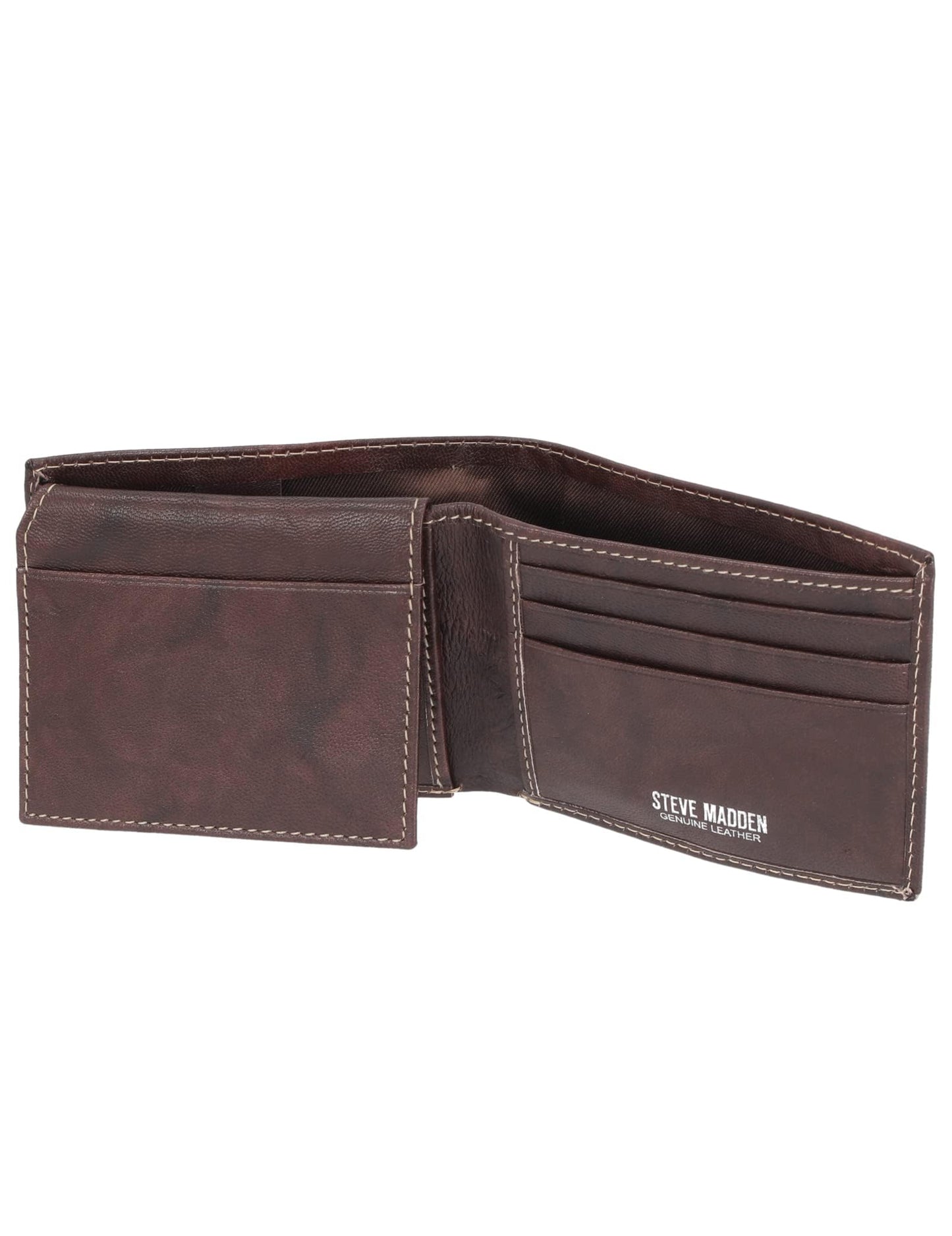 Steve Madden Men's Leather Wallet Extra Capacity Attached Flip Pockets, Brown/Antique, One Size