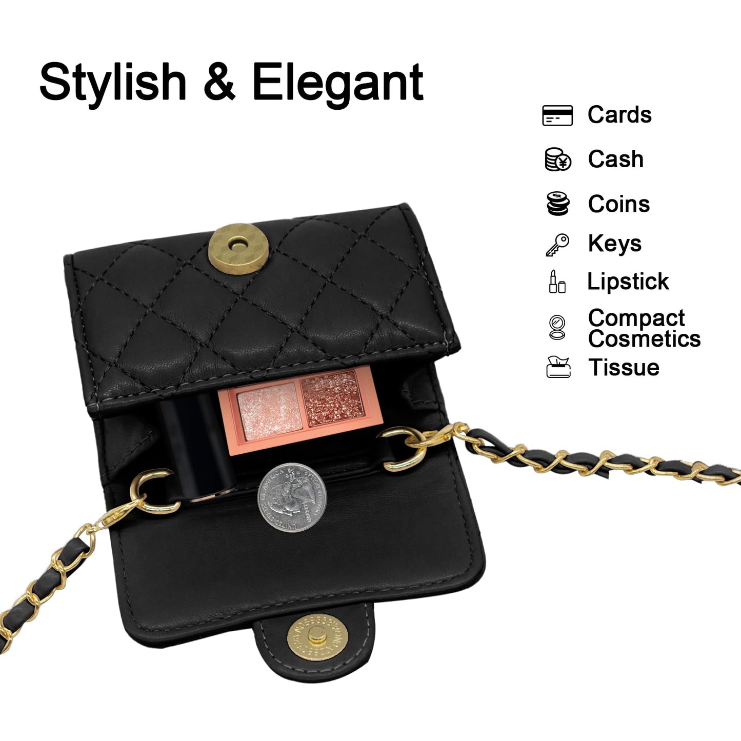 YAMEIZE Mini PU Leather Chain Belt Bag for Women Quilted Waist Purse Crossbody Fanny Pack Detachable Belt Chain