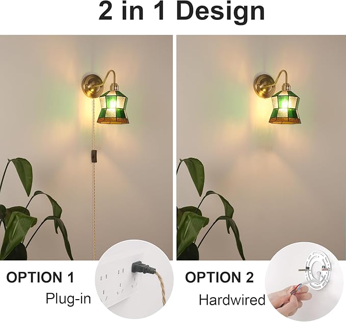 Plug in Wall Sconces Set of 2, Vintage Wall Lamps with Polygonal Checker Stained Glass Shade, Brass Lights Fixture Decor for Bedroom Bathroom Living Room Hallway