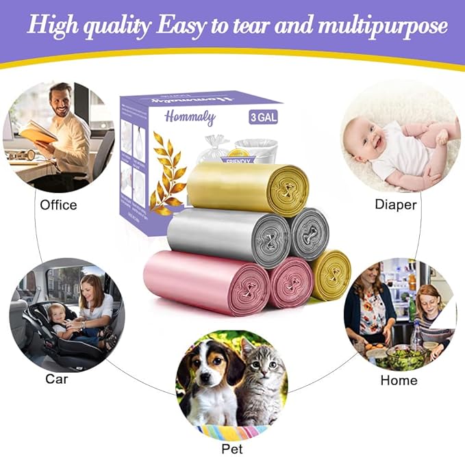 3 Gallon 180pcs Small Multi Trash Bags Strong Pink Grey Gold Garbage Bags