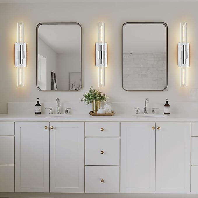 Chrome Wall Sconces Set of 2, 22.8" Bathroom Sconces, Indoor Sconces Lighting with Glass, Nickel Vanity Lights with Tube, Dimmable Bedroom Bedside Wall Light for Dressing Table Staircase