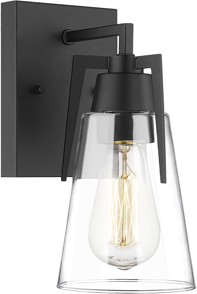 EAPUDUN Vintage Bathroom Lighting Fixtures Over Mirror, 1-Light Modern Vanity Lights Black Finish Industrial Wall Sconce with Clear Glass Shade, WLA1395-MBK