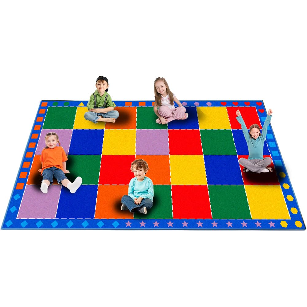 MAISONRINA Large Classroom Rugs Elementary 7'7''x13',Daycare Rugs with Colorful Blocks,Classroom Rug with Seating Spots for Preschool Kindergarten,Kids Rug for Playroom & Kids Room - Seats 28