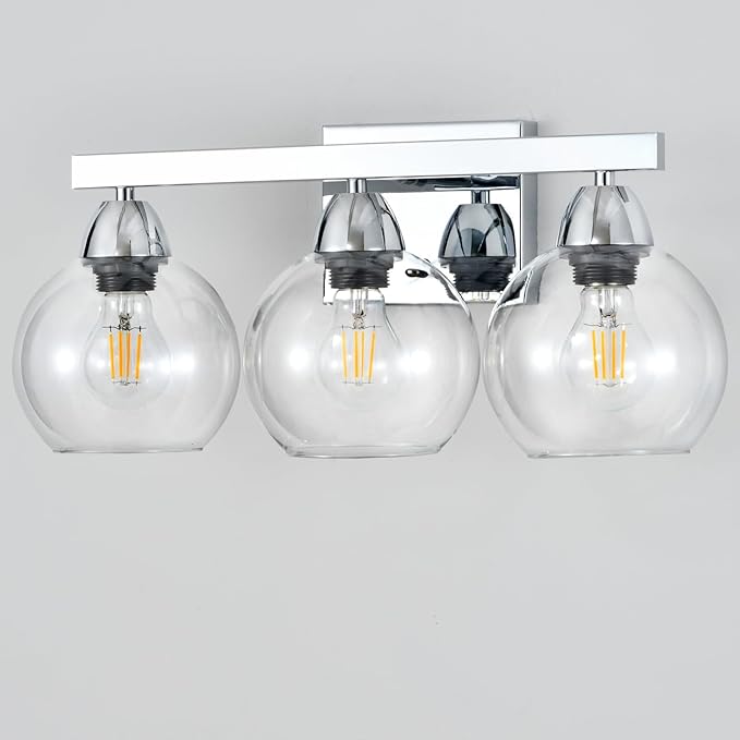 Bathroom Light Fixtures, 3-Light Silver Vanity Light with Hand-Blown Thick Glass Shades, High Transparency & Few Flaws, Wall Sconce for Mirror, Kitchen, Bedroom
