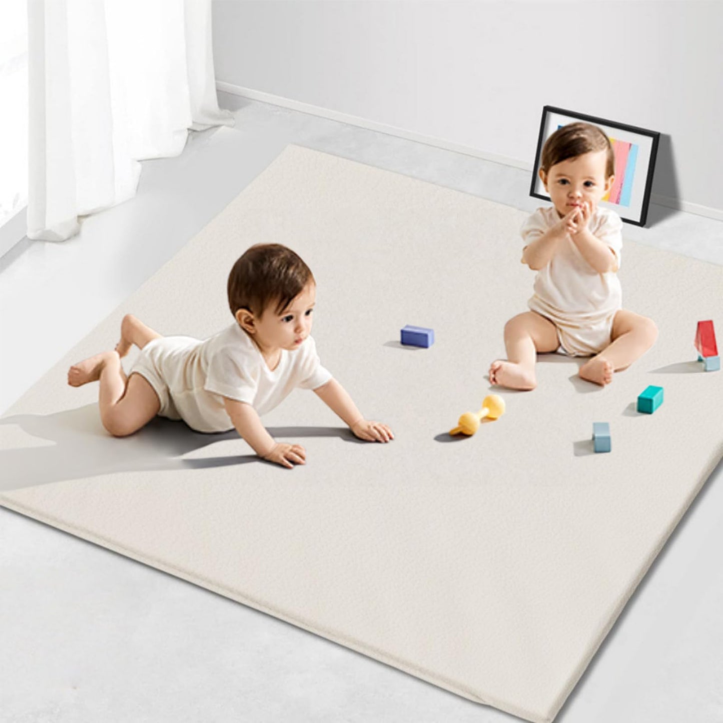 FONESO Leather Baby Play Mat, 50x50 Inch Thicken Memory Foam Cushioned Waterproof Playpen Mat, Wipeable Soft Crawling Tummy Time Floor Rug for Infants Toddlers Kids (Beige)