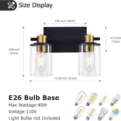 stambord 2 Light Bathroom Vanity Light, Black and Gold Bathroom Light Fixtures, Sconces Wall Lighting with Glass Shade, Modern Farmhouse Vanity Lighting fixtures for Bathroom, Bedroom, Hallway