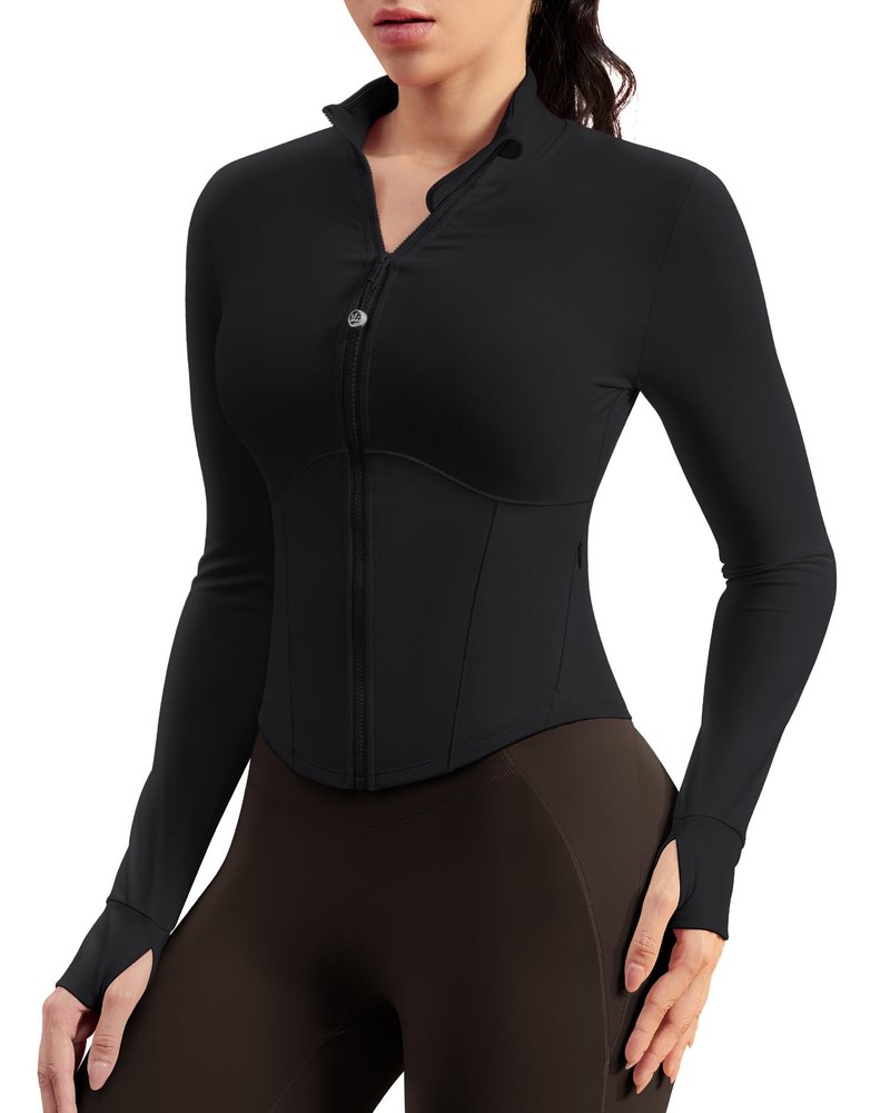 Queenie Ke BareLuxe Corset BBL Jacket for Women Zip Up Waist-Length Cropped Running Workout Athletic Top with Thumb Holes (Black, Medium)