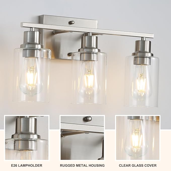 Brushed Nickel Wall Sconces,3-Lights Bathroom Vanity Light Fixtures with Clear Glass Shades, Farmhouse Modern Wall Lighting for Mirror,Bedroom,Living Room