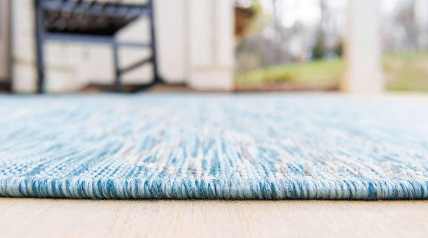 Unique Loom Outdoor Botanical Collection Area Rug - Leaf (4' 1" Round, Light Aqua/ Ivory)