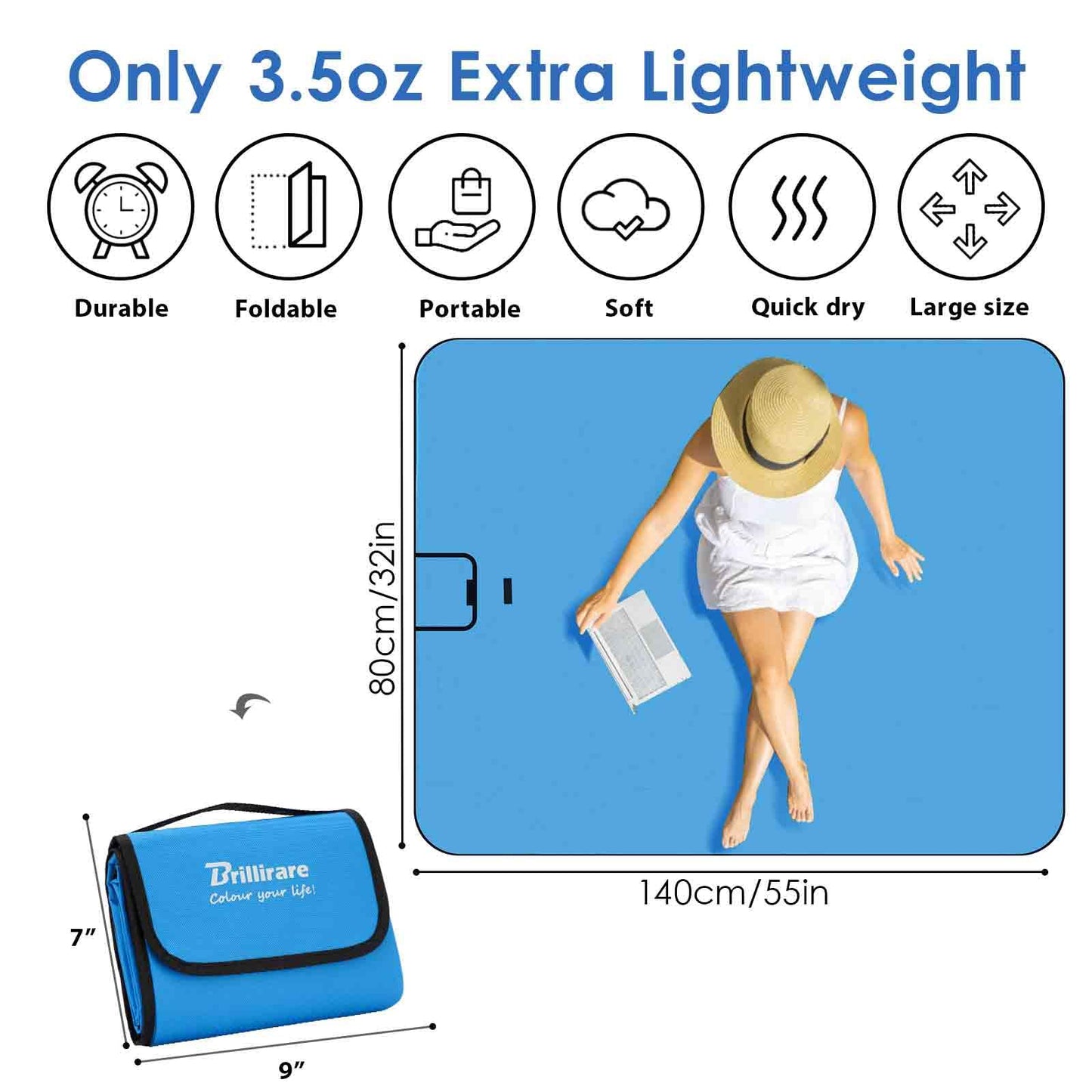 Beach Picnic Blanket, Sandproof Waterproof Camping Blankets Large, Outdoor Sandfree Foldable Mat 55x32in, Oversized Packable Family Mats for Hiking, Camping, Park, Travel, Grass Concert-Blue