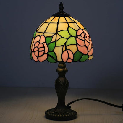 Small Tiffany Table Lamp,3 Color Temperature Pink Rose Stained Glass Table Lamps for Living Room, Dining Room,Bedroom Bedside Nightstand Night Light,W/LED Bulb,8X8X15Inch