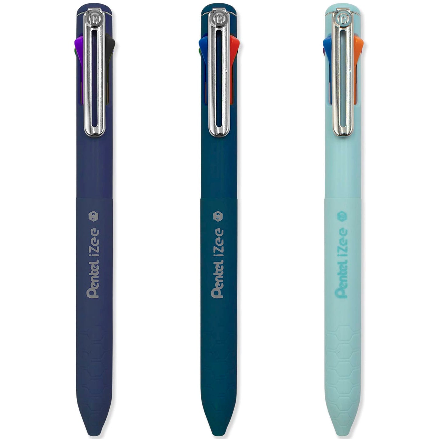 Pentel iZee 4 Colour Ballpoint Pen - Deep Blue, Deep Violet & Sky Blue Barrels - Multi Ink - Pack of 3