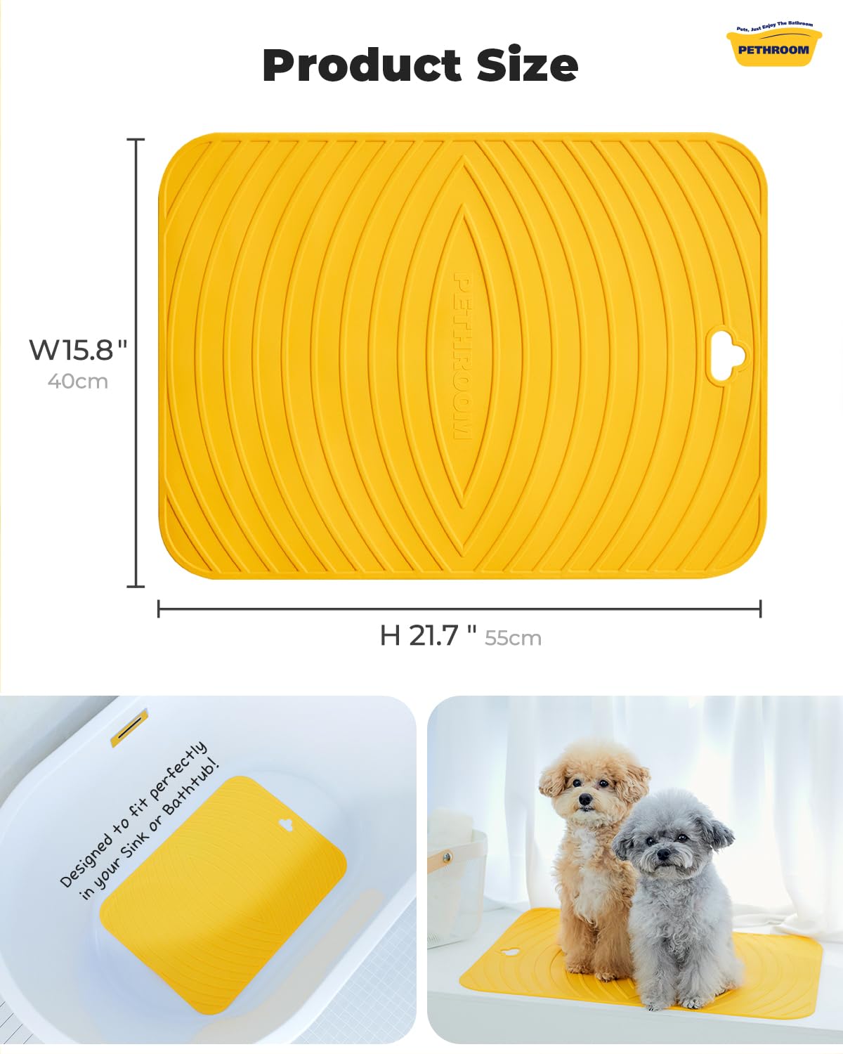 [PETHROOM] Premium Non-Slip Dog Bath Mat with Drying Hooks Sturdy, Durable & Versatile Pet Grooming Mat | Bathtub & Sink | Easy to Clean & Store 15.8" x 21.7"