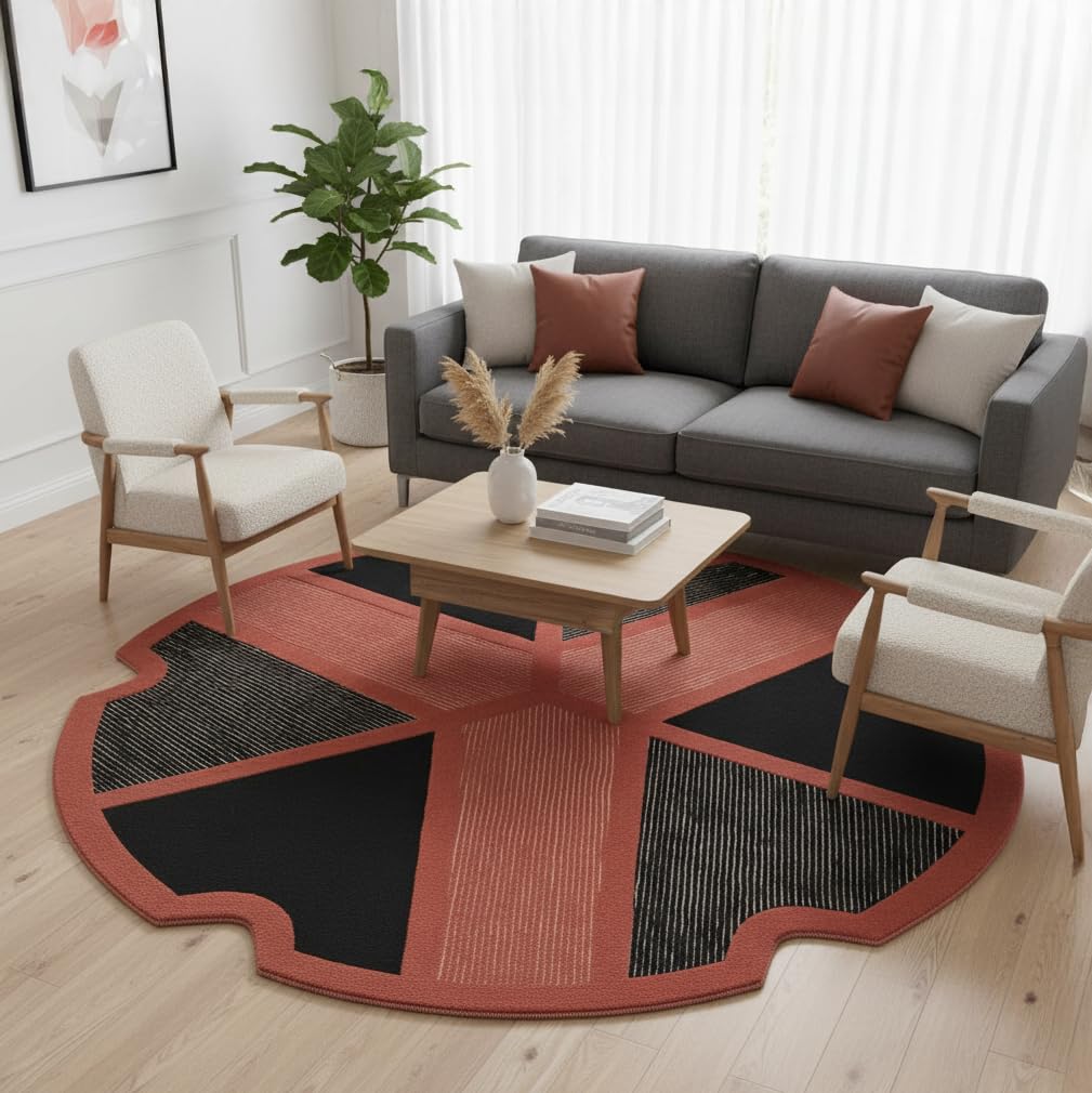 Restoration and Renovation Unique Cutout Circular Wool Area Rug | Modern Irregular Round Shape Inspired by Historic Machinery Movements | Thick, Soft Perfect for Living Room & Bedroom (A/S, 5' Round)