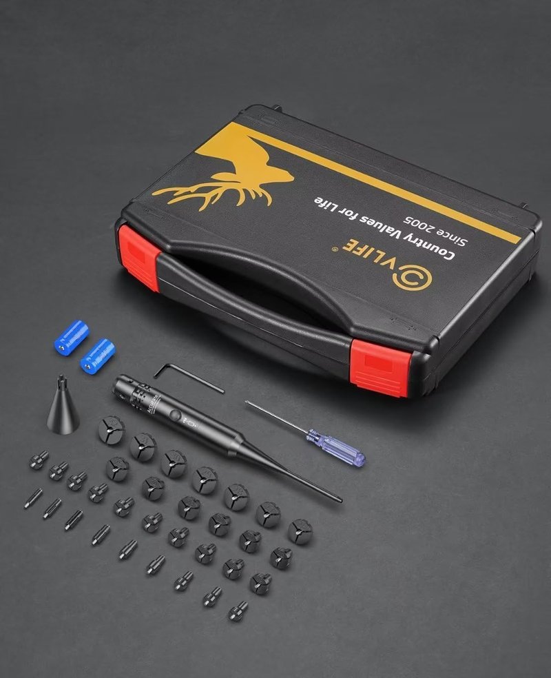 Professional Laser Bore Sight Kit - 32 Adapters for 0.17 to 12GA Calibers | Bright Laser with Button Switch for Hunting
