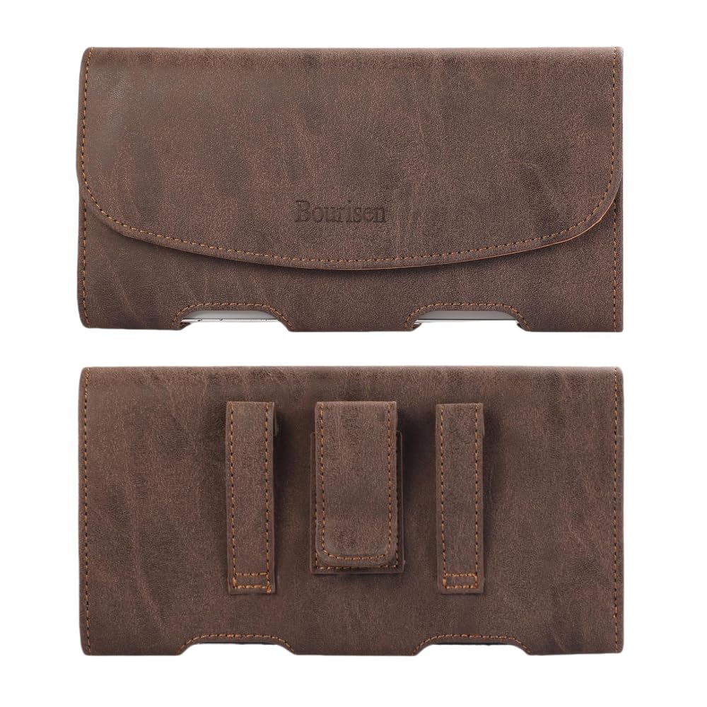 Bourisen Phone Holster Pouch Case Belt Clip Loops Faux Leather for Man for iPhone11/12/13/14/15/16/17Pro Max,14/15/16 Plus,11,17,17 Pro,Samsung S25 24 23 22 21 Plus(Brown&Yellow, L(6.9’’x3.4’’x0.8’))