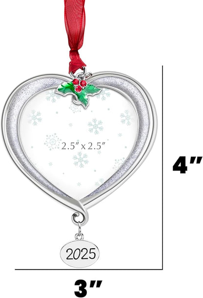 Christmas Tree Ornament Picture Frame Metal Hanging Pendant Holiday 2.5" Photo Frame Charm Decorative of Pets, Baby First Christmas, Family (2025 White)
