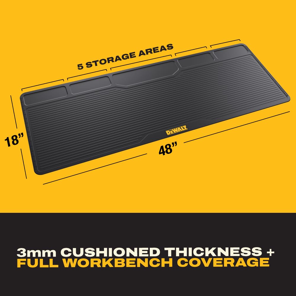 DEWALT Workbench Mat 18x48 in – Heavy Duty 3mm Silicone Work Bench Mat with SAE & Metric Rulers, Oil Heat Chemical Resistant, Non-Slip Grip, Built-in Parts Slots, Workbench Protector Mat, Black