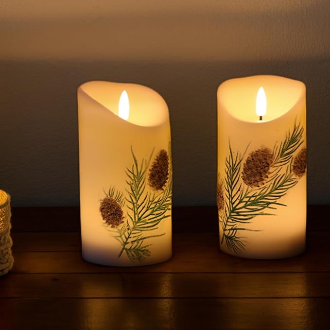 Pinecone LED Candles with 6H Timer, flameless Candles with Flickering Flame, Waxy Pillar 2 Pack Flickering Acorn Decor Woodsy for Fall Christmas Decor (3 inches x 5.7 inches)