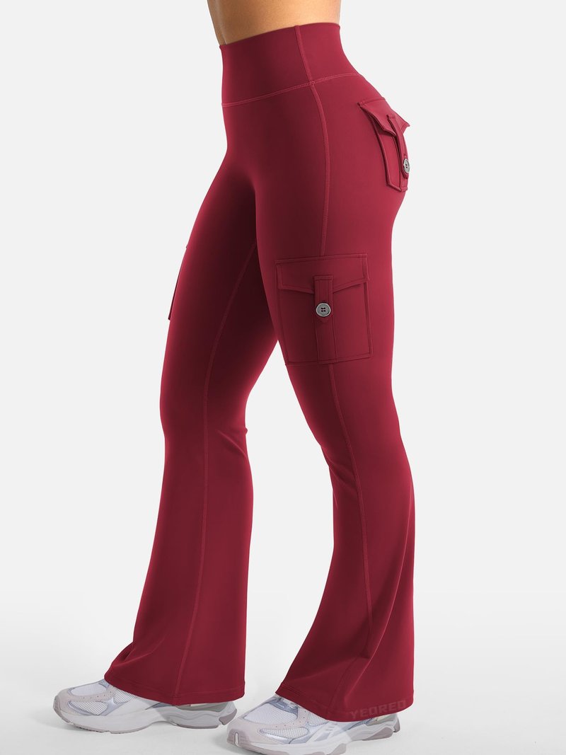 YEOREO CoreFlex Women Workout Flare Leggings with Pockets Hidden Scrunch High Waisted Cargo Gym Yoga No Front Seam Leggings Wine XXL