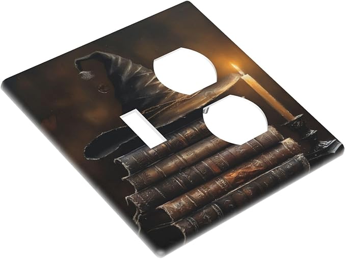 Decorative Art Light Switch Covers Wizard’s Hat & Spellbooks 2 Gang Single Toggle Duplex Combination Electrical Faceplate Switchplate Wall Plate for Home Decor