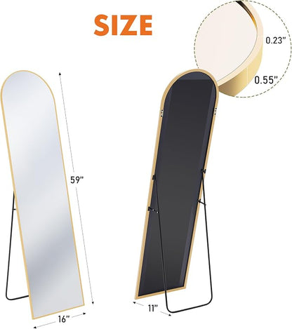 OLIXIS Arched Full Length Mirror 59"x16.3" for Bedroom, Full Body Mirror with Stand, Hanging or Leaning for Wall, Aluminum Alloy Thin Frame Floor Standing for Living Room, Long, Gold
