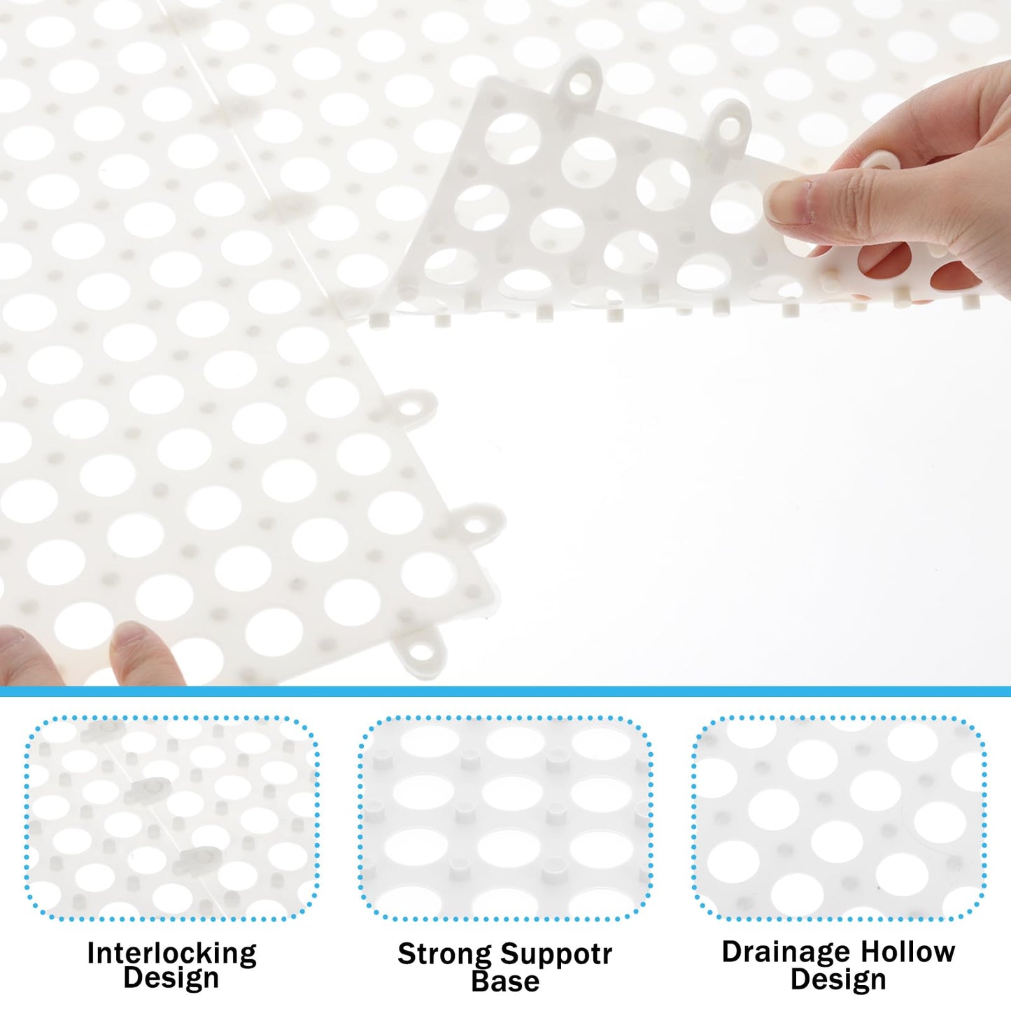 30 Pack 11.8” x 11.8” Interlocking Floor Tiles Bulk White Drainage Pool Flooring Mats Swimming Pool Non Slip Splicing Waterproof Splash Matting Mesh Doormat Modular Interlocking Water Drain 3x10 ft