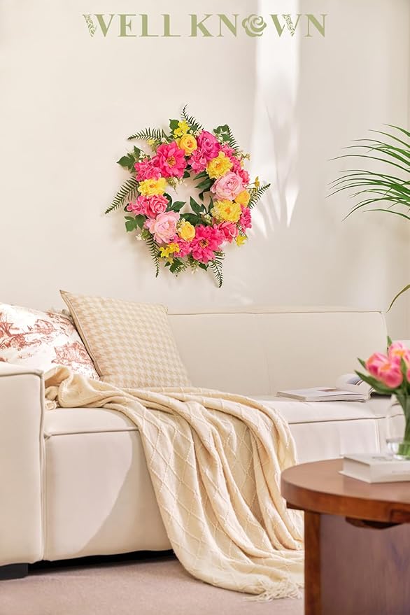 Wreaths for Front Door, WELL KNOWN Spring Summer Seasonal Hot Pink & Yellow Flowers Wreath for Front Door, Artificial Silk Peony Flower Wreath for Wall Hanging, Home Office Wedding Party Decor