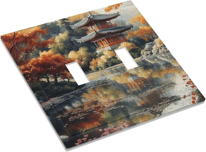 Decorative Art Light Switch Covers Lake & Pagoda in Fall 2 Gang Double Toggle Wall Plate Decorative Switchcover Electrical Switchplate for Home Decor