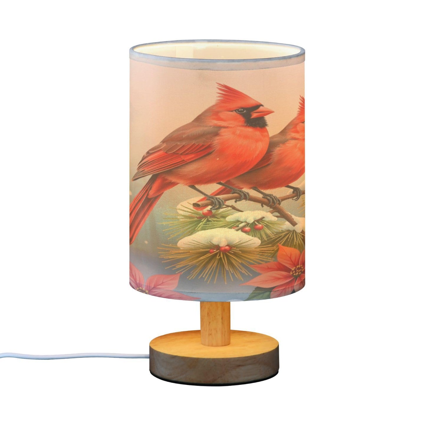 Christmas Flowers Winter Cardinals Table Lamp Bedroom Bedside Night Reading Desk Lamps Cylinder Nightstand Sleeping Light Lamp for Xmas Party Living Room Office Decor