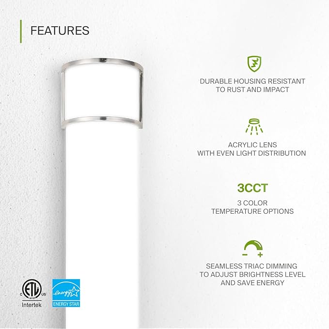 ASD LED 36" Vanity Flush Mount Light Fixture, Linear Bathroom Lighting Bar | 3CCT, Dimmable, Energy Star, ETL Listed | 30W 2650LM 3000-5000K 120V | Long Bath Wall Sconce Over Mirror | Nickel, 2 Pack