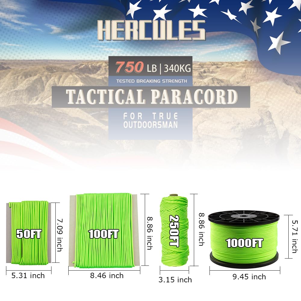HERCULES 750lb Paracord 4mm 11 Strands Tactical Parachute Cord, 50' 100' 250' 1000' Utility Rope for Camping, Survival, Outdoor Gear (Neon Green, 50FT)