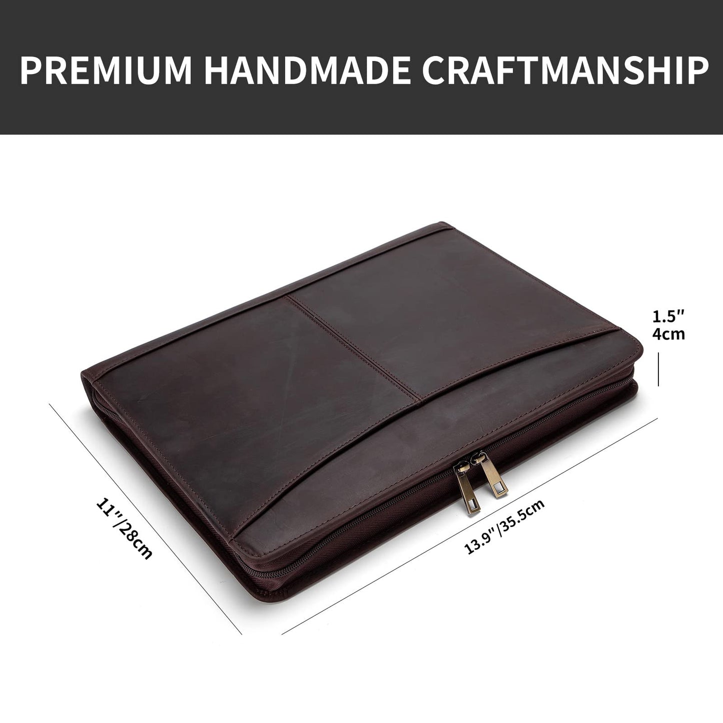 Geslun Genuine Leather Portfolio with Front Pocket for Men and Women, Zippered Padfolio Binder 8.5 x 11 Legal Pad Notebook Holder, Fits 13” Laptop, Professional Work File Case, Dark Brown