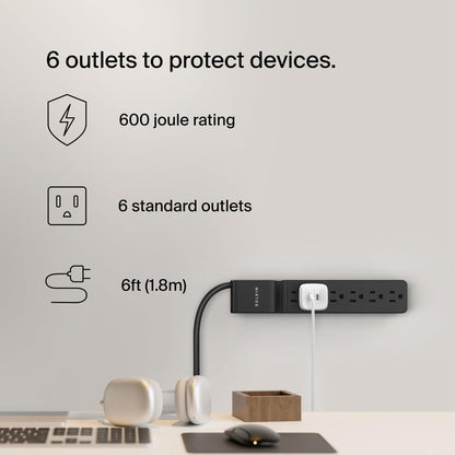 Belkin Surge Protector Power Strip with 6 AC Outlets, 6ft/1.8M Long Heavy-Duty Extension Cord, & 360-Degree Rotating AC Plug for Conference Rooms, Computer Desktops, & More - 600 Joules of Protection