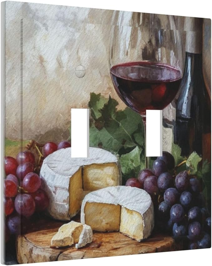 Decorative Art Light Switch Covers Wineglass & Artisanal Cheeses 2 Gang Double Toggle Wall Plate Decorative Switchcover Electrical Switchplate for Home Decor