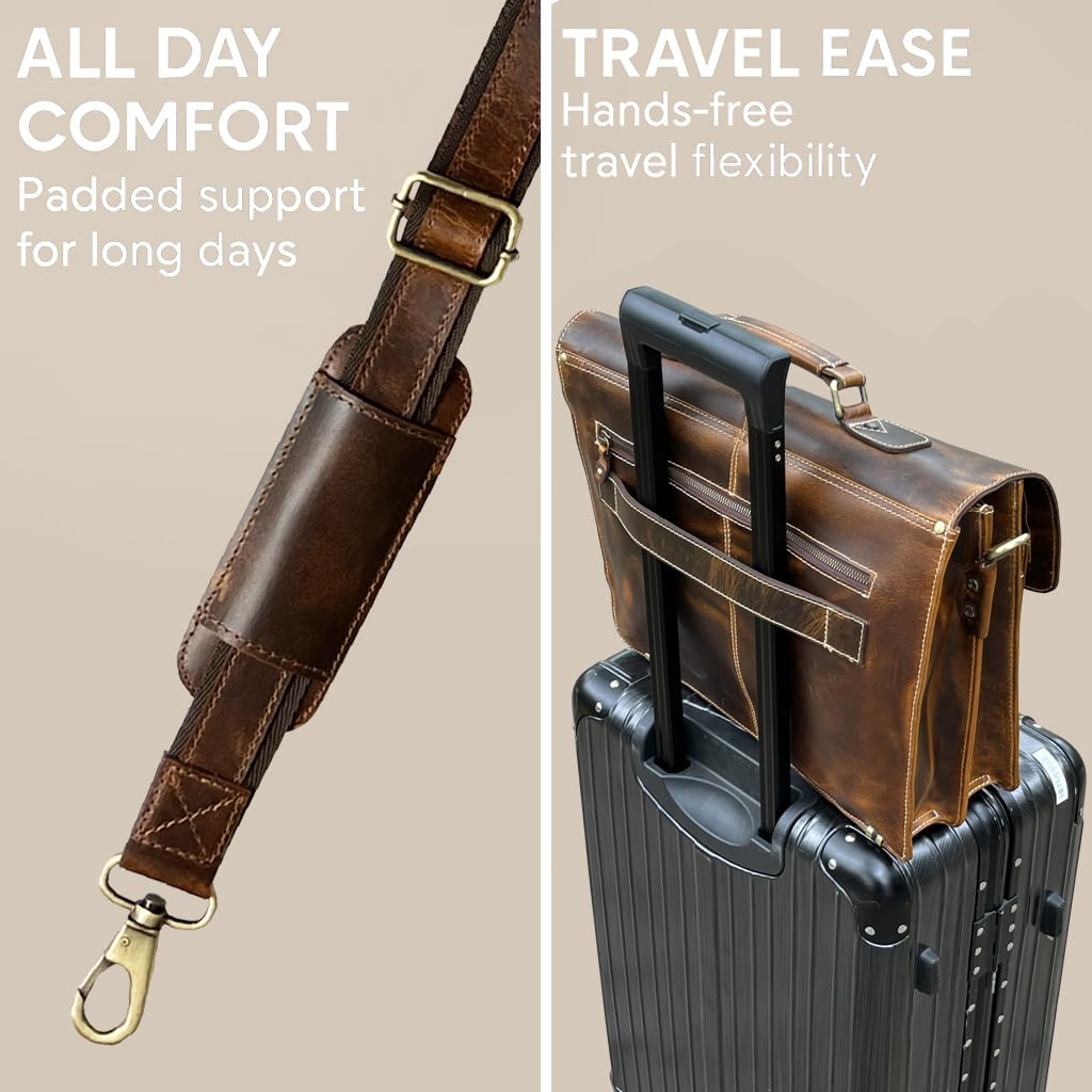 RUSTIC TOWN Handcrafted 16-inch Brown Leather Shoulder Briefcase Messenger Bags Men's 15.6 inch Laptop Satchel