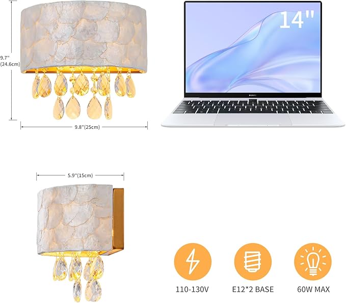 2-Lights Capiz Shell Crystal Wall Sconces, Coastal Design Indoor Wall Lamp, Vanity Wall Mount Light Fixture for Bathroom, Hallway, Bedroom, Shell Lampshade, Crystal Pendants & Gold Finish