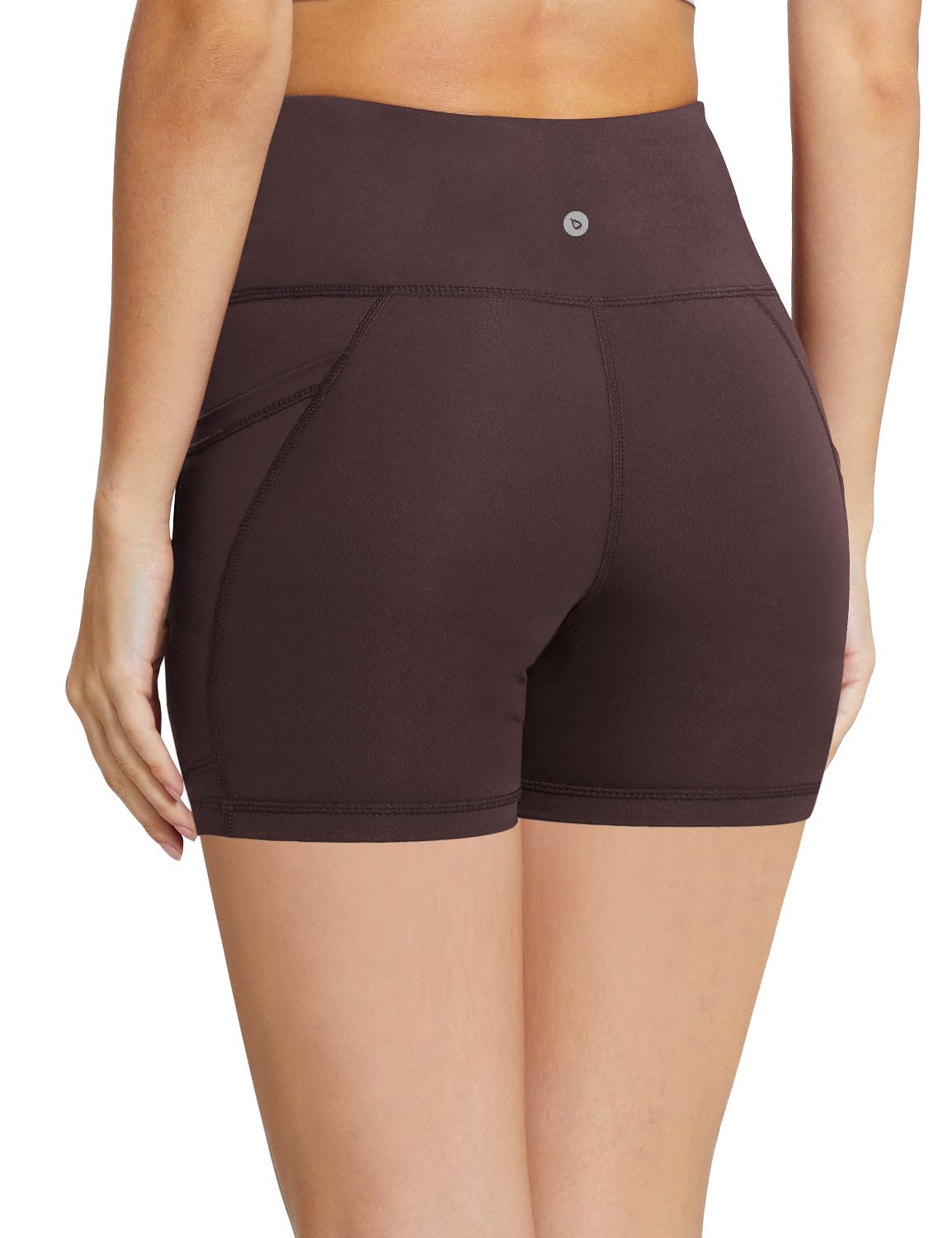 baleaf Biker Shorts Women Yoga Gym Workout Spandex Running Volleyball Tummy Control Compression with Pockets 5" Brown S